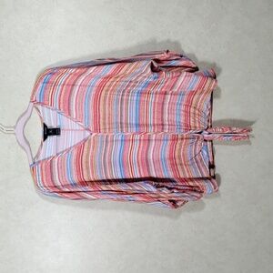 02537 Ali Miles red, orange, and blue striped v-neck knit shirt front tie L